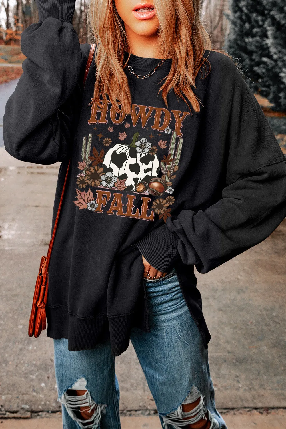 Black HOWDY FALL Pumpkin Print Split Hem Sweatshirt