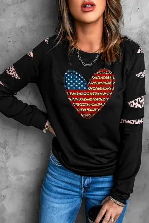 Black Leopard US Flag Heart Print Cut-out Long Sleeve Sweatshirt