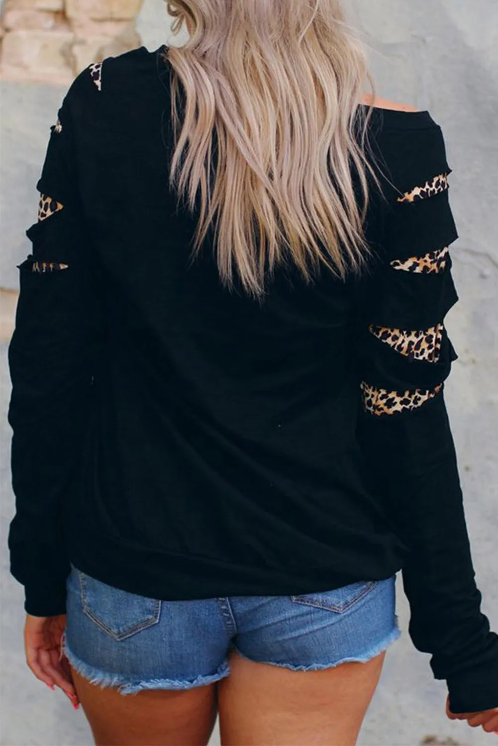 Black Leopard US Flag Heart Print Cut-out Long Sleeve Sweatshirt