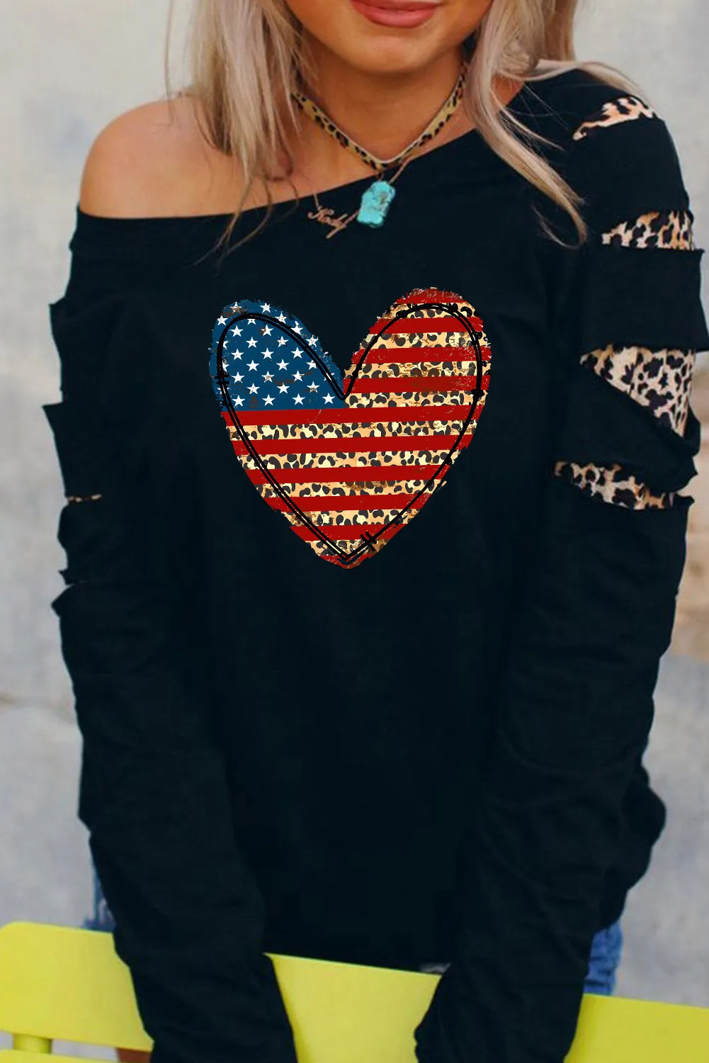 Black Leopard US Flag Heart Print Cut-out Long Sleeve Sweatshirt