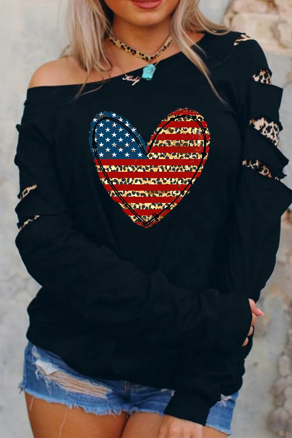 Black Leopard US Flag Heart Print Cut-out Long Sleeve Sweatshirt