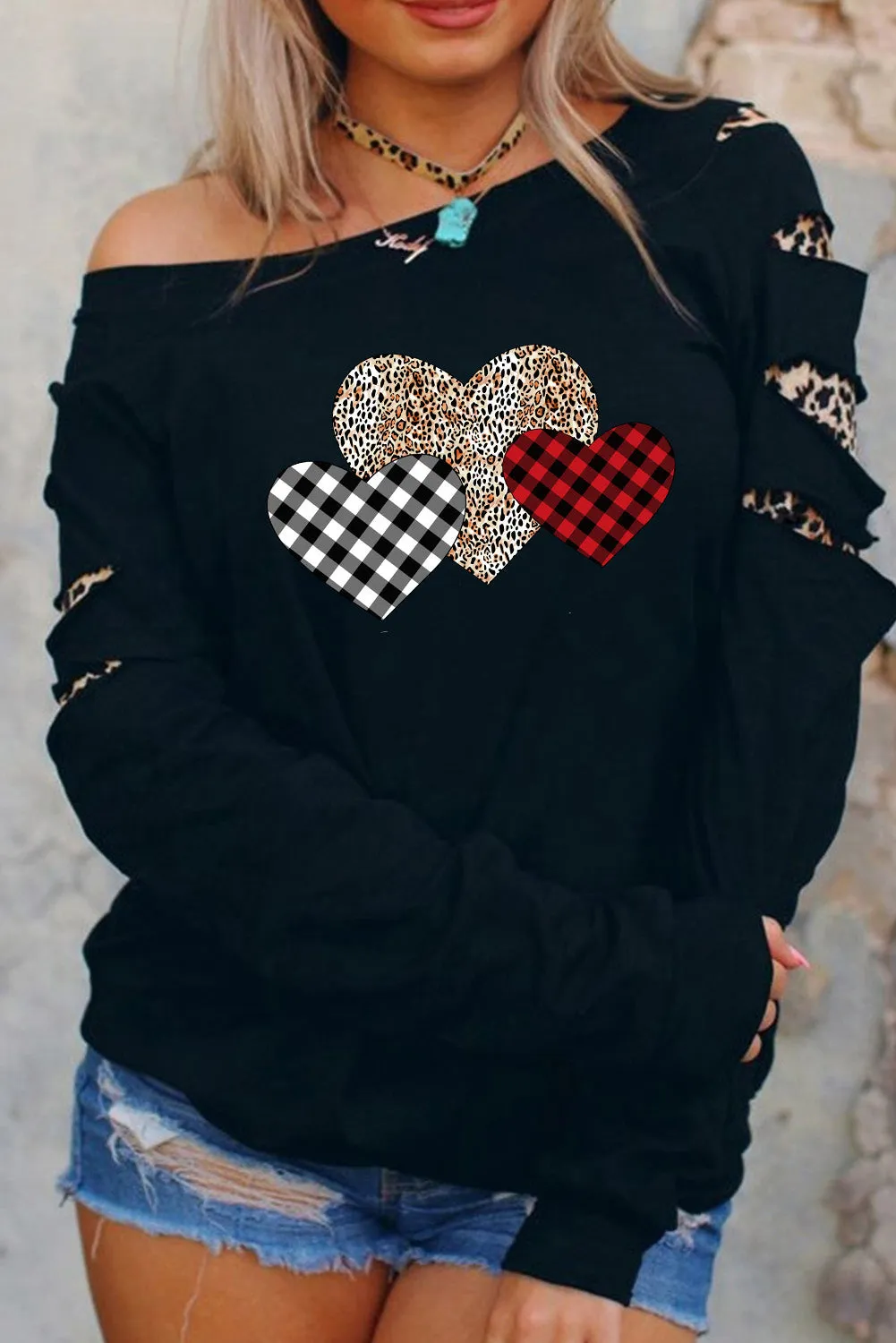 Black Plaid Leopard Heart Print Cut-out Sleeve Pullover Sweatshirt