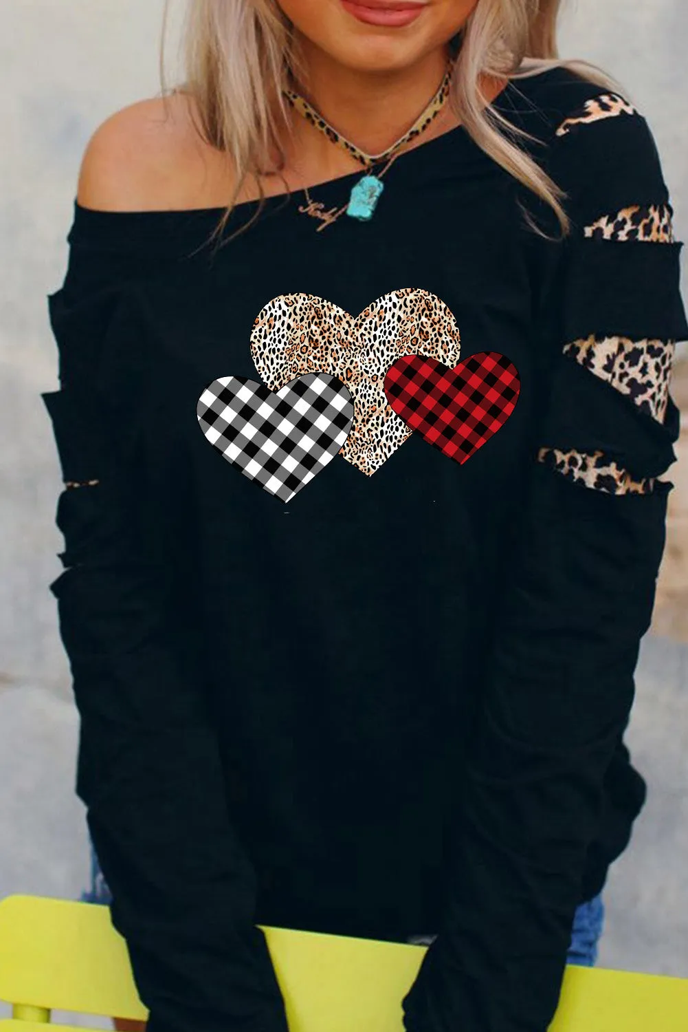 Black Plaid Leopard Heart Print Cut-out Sleeve Pullover Sweatshirt