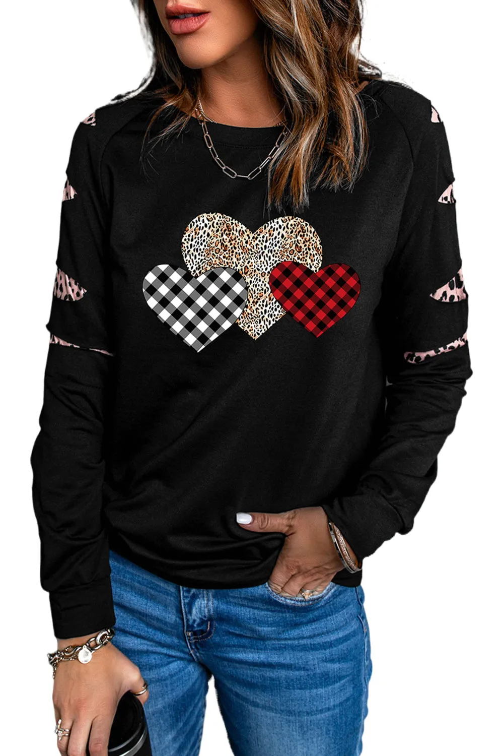 Black Plaid Leopard Heart Print Cut-out Sleeve Pullover Sweatshirt