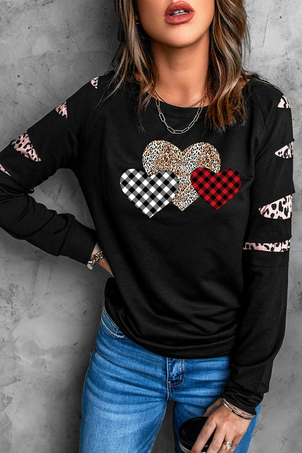 Black Plaid Leopard Heart Print Cut-out Sleeve Pullover Sweatshirt