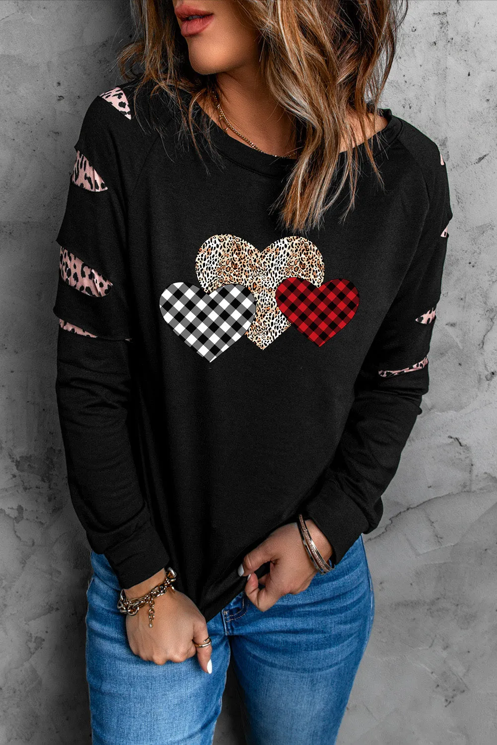 Black Plaid Leopard Heart Print Cut-out Sleeve Pullover Sweatshirt