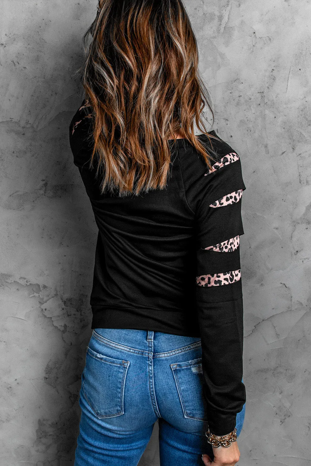 Black Plaid Leopard Heart Print Cut-out Sleeve Pullover Sweatshirt