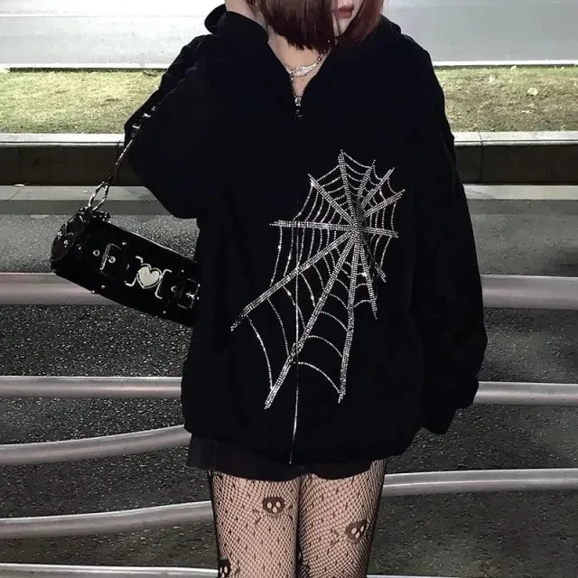 Black Rhinestone Ribcage Zip Up Hoodie