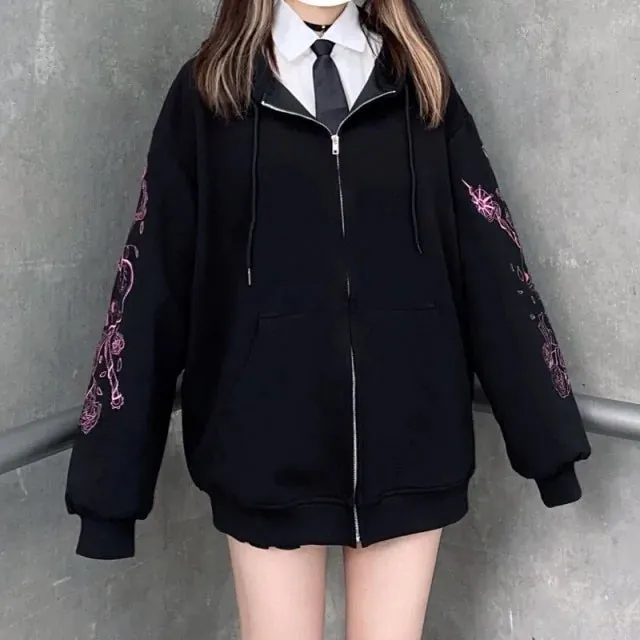 Black Rhinestone Ribcage Zip Up Hoodie