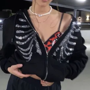 Black Rhinestone Ribcage Zip Up Hoodie