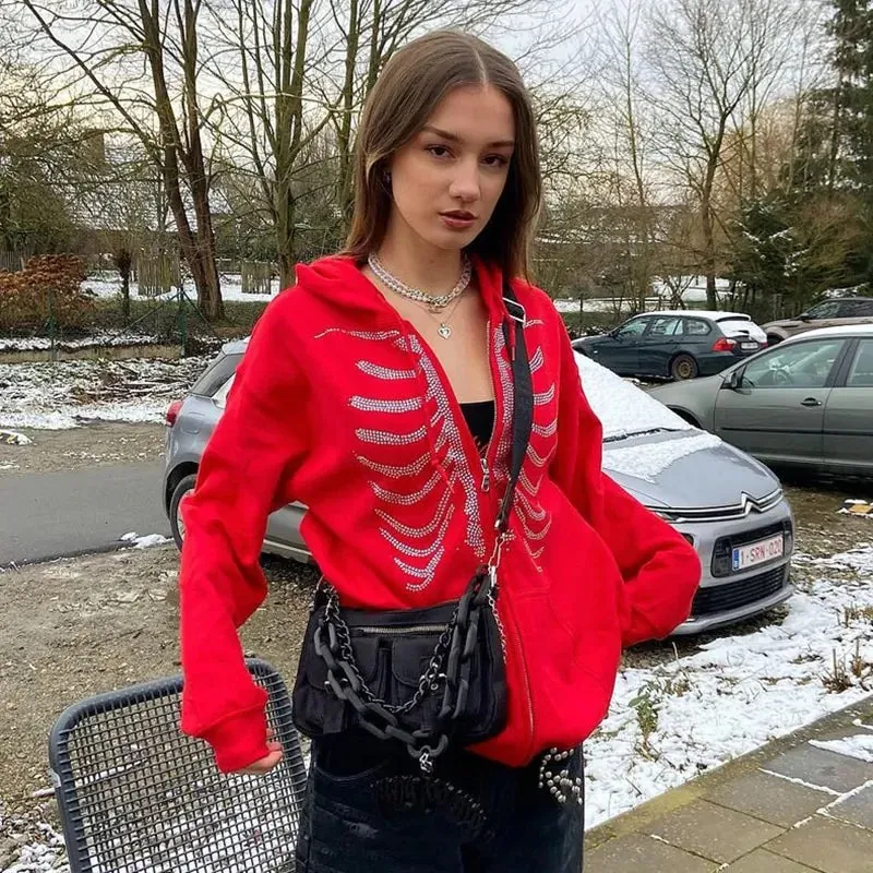 Black Rhinestone Ribcage Zip Up Hoodie