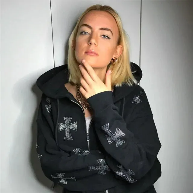 Black Rhinestone Ribcage Zip Up Hoodie