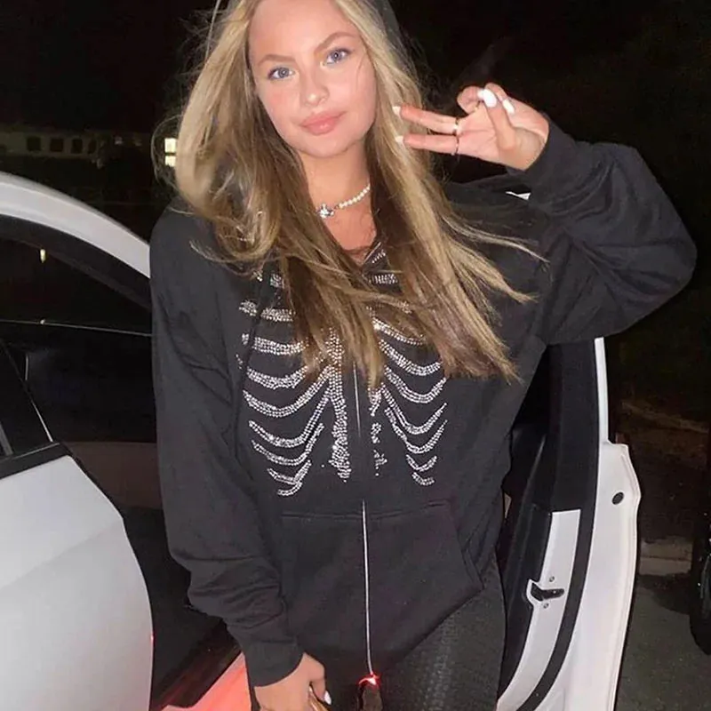 Black Rhinestone Ribcage Zip Up Hoodie