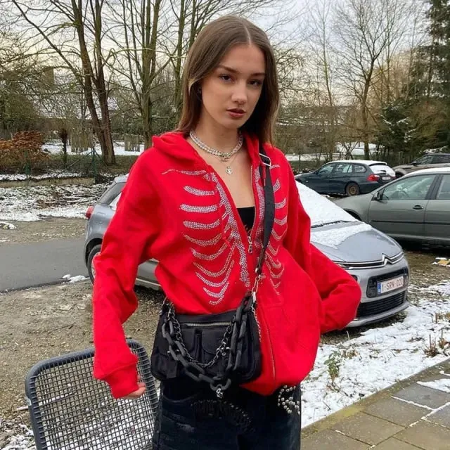 Black Rhinestone Ribcage Zip Up Hoodie