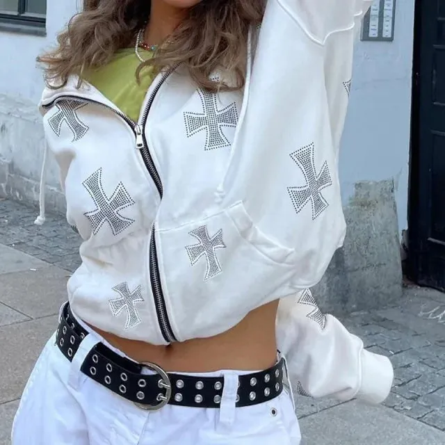 Black Rhinestone Ribcage Zip Up Hoodie