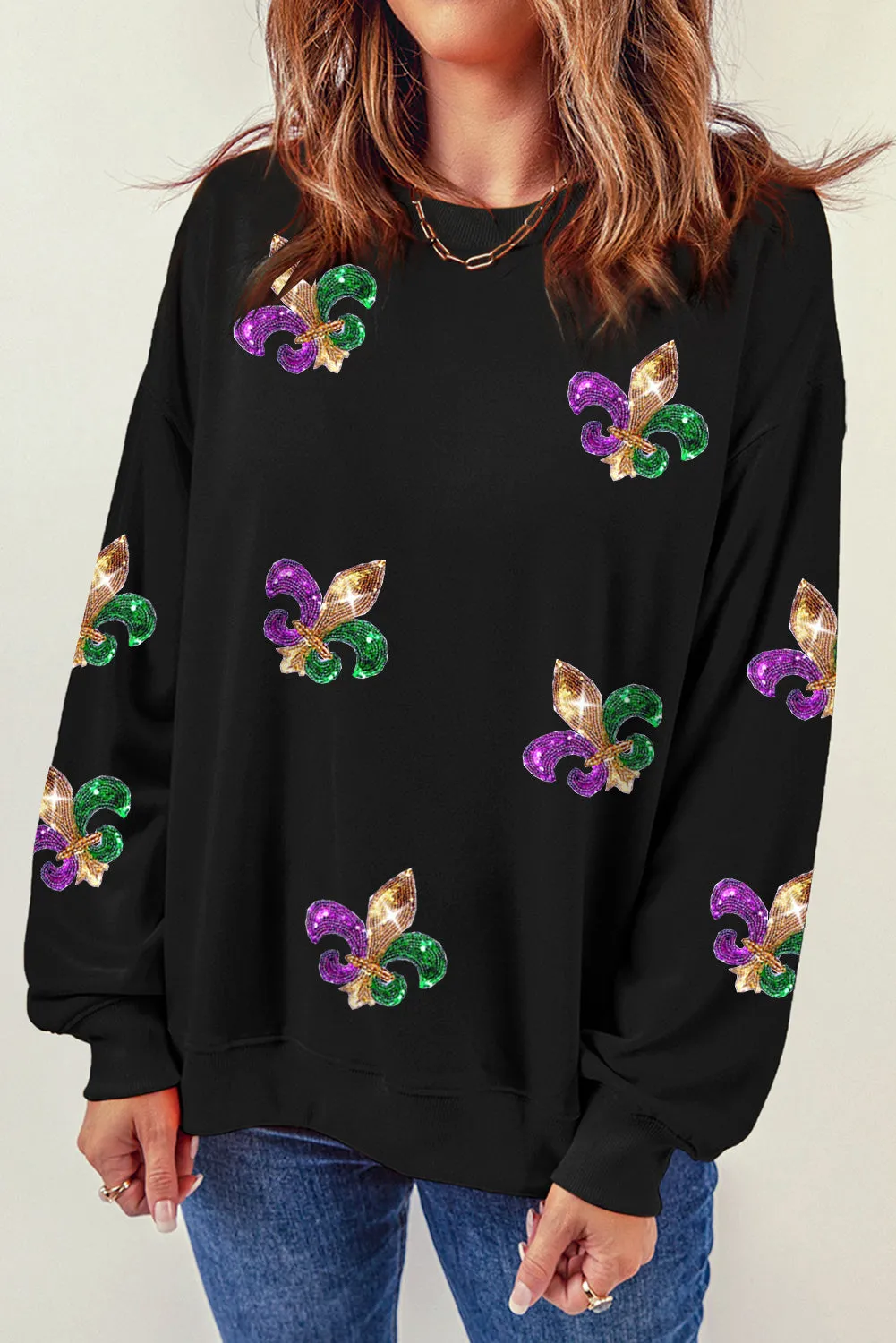 Black Sequin Mardi Gras Graphic Pullover Sweatshirt