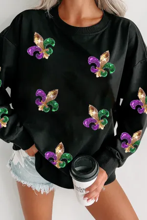 Black Sequin Mardi Gras Graphic Pullover Sweatshirt
