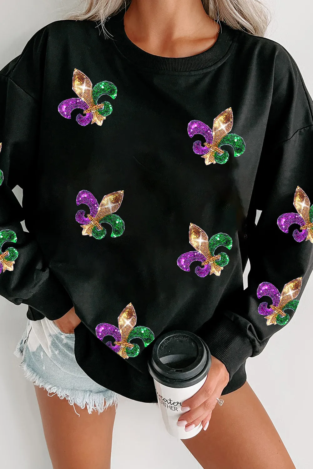 Black Sequin Mardi Gras Graphic Pullover Sweatshirt