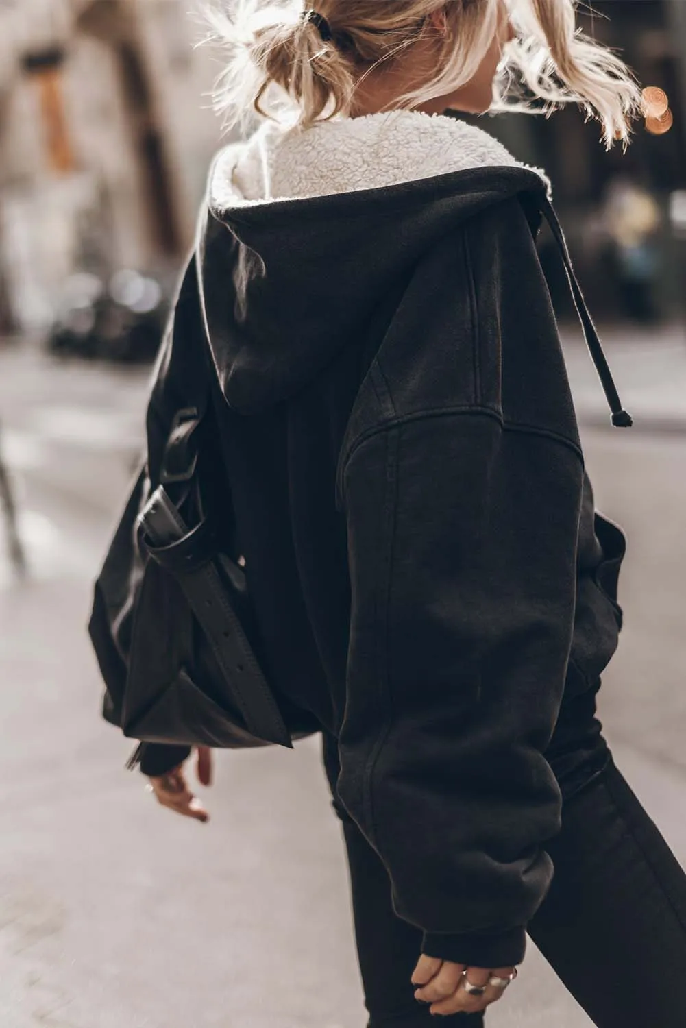 Black Sherpa Hooded Athleisure Zip Up Sweatshirt