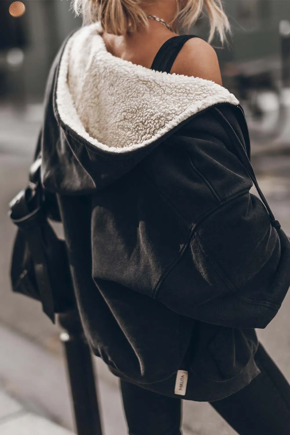 Black Sherpa Hooded Athleisure Zip Up Sweatshirt
