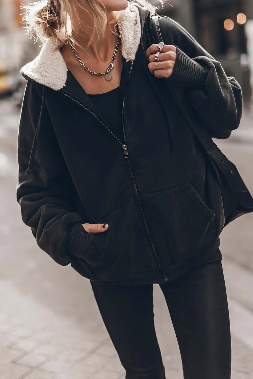 Black Sherpa Hooded Athleisure Zip Up Sweatshirt