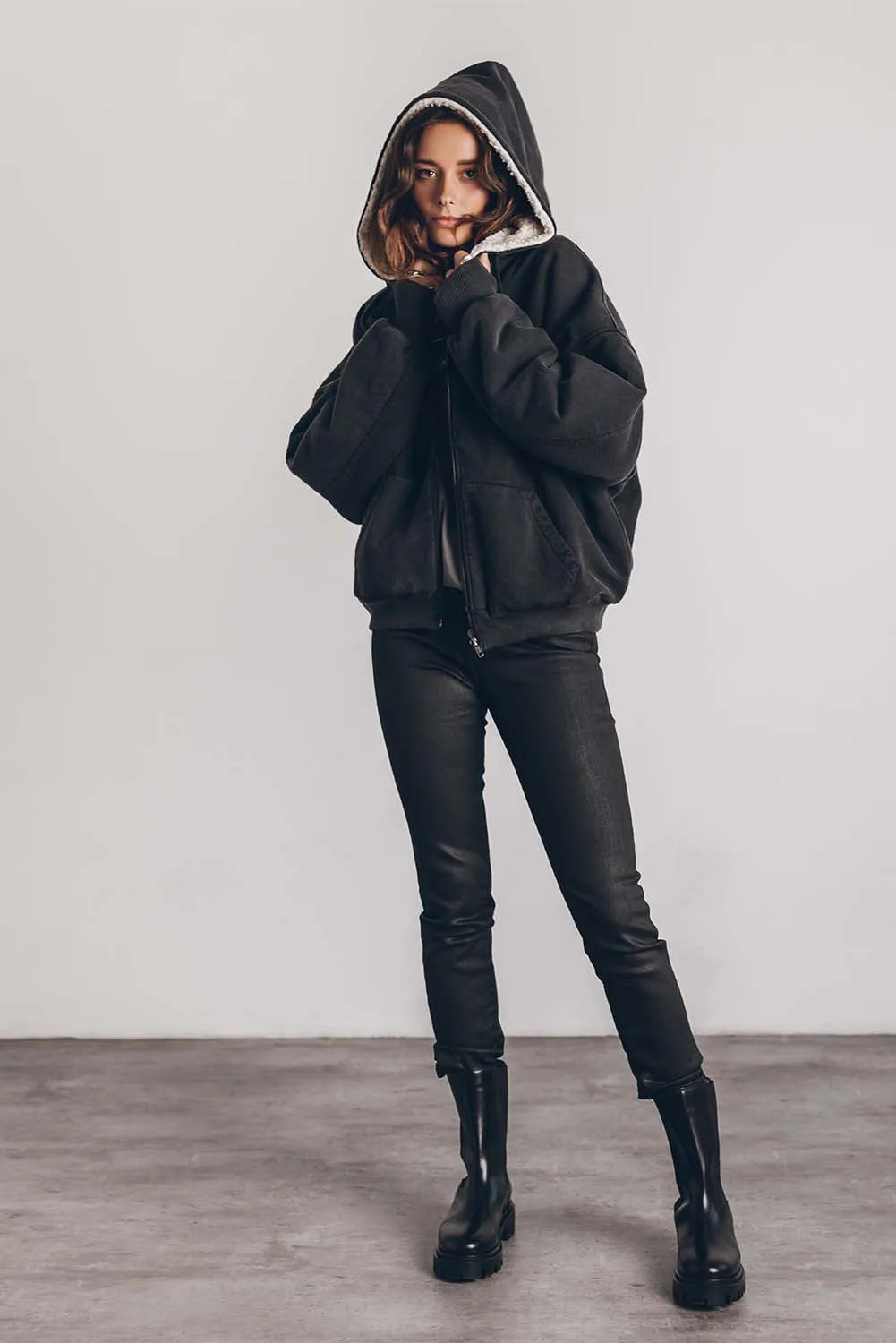 Black Sherpa Hooded Athleisure Zip Up Sweatshirt