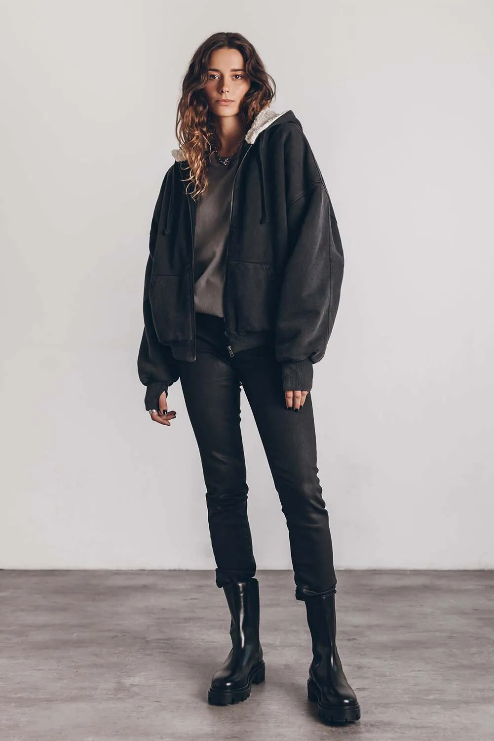 Black Sherpa Hooded Athleisure Zip Up Sweatshirt