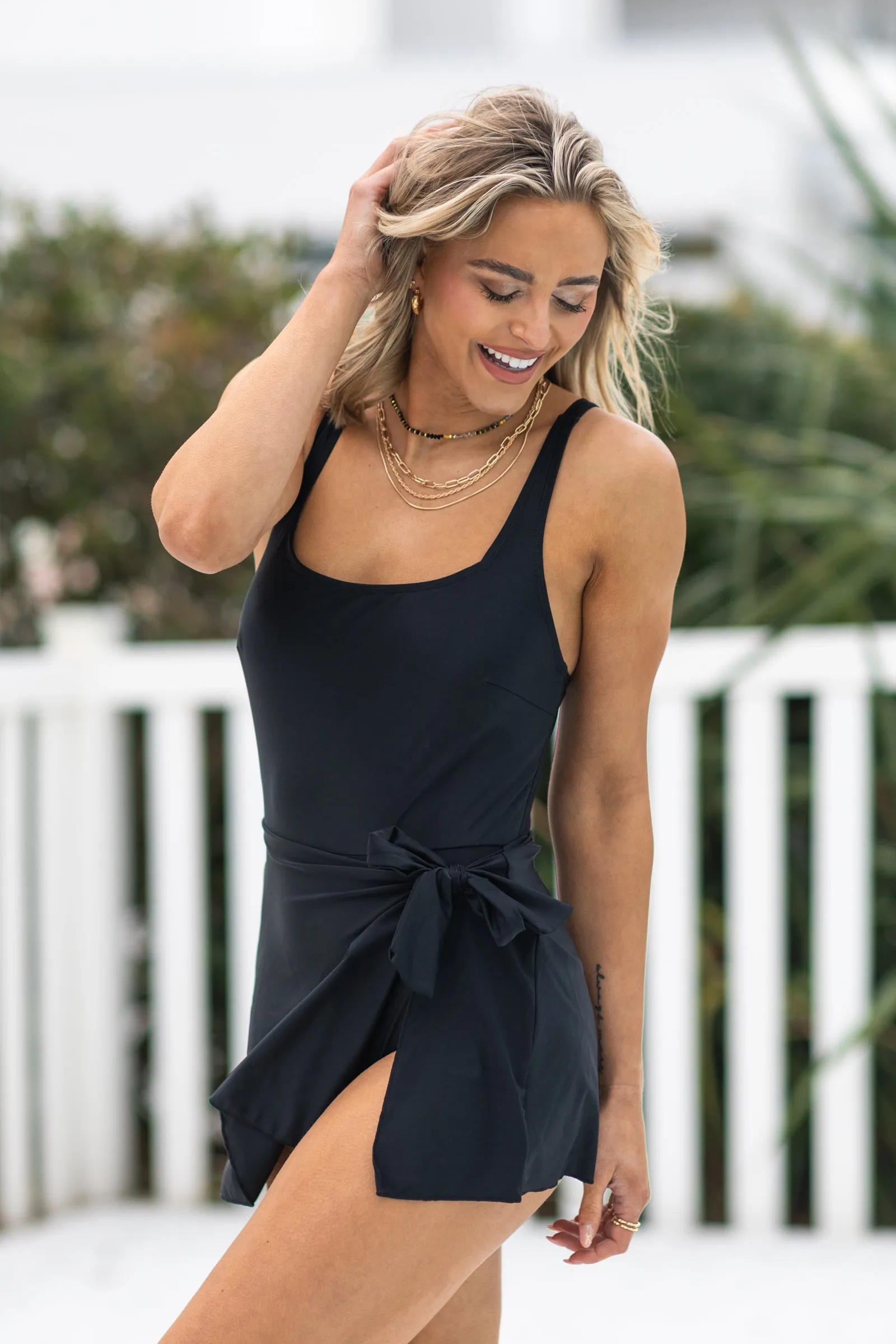Black Side Tied Waist One Piece Swimsuit