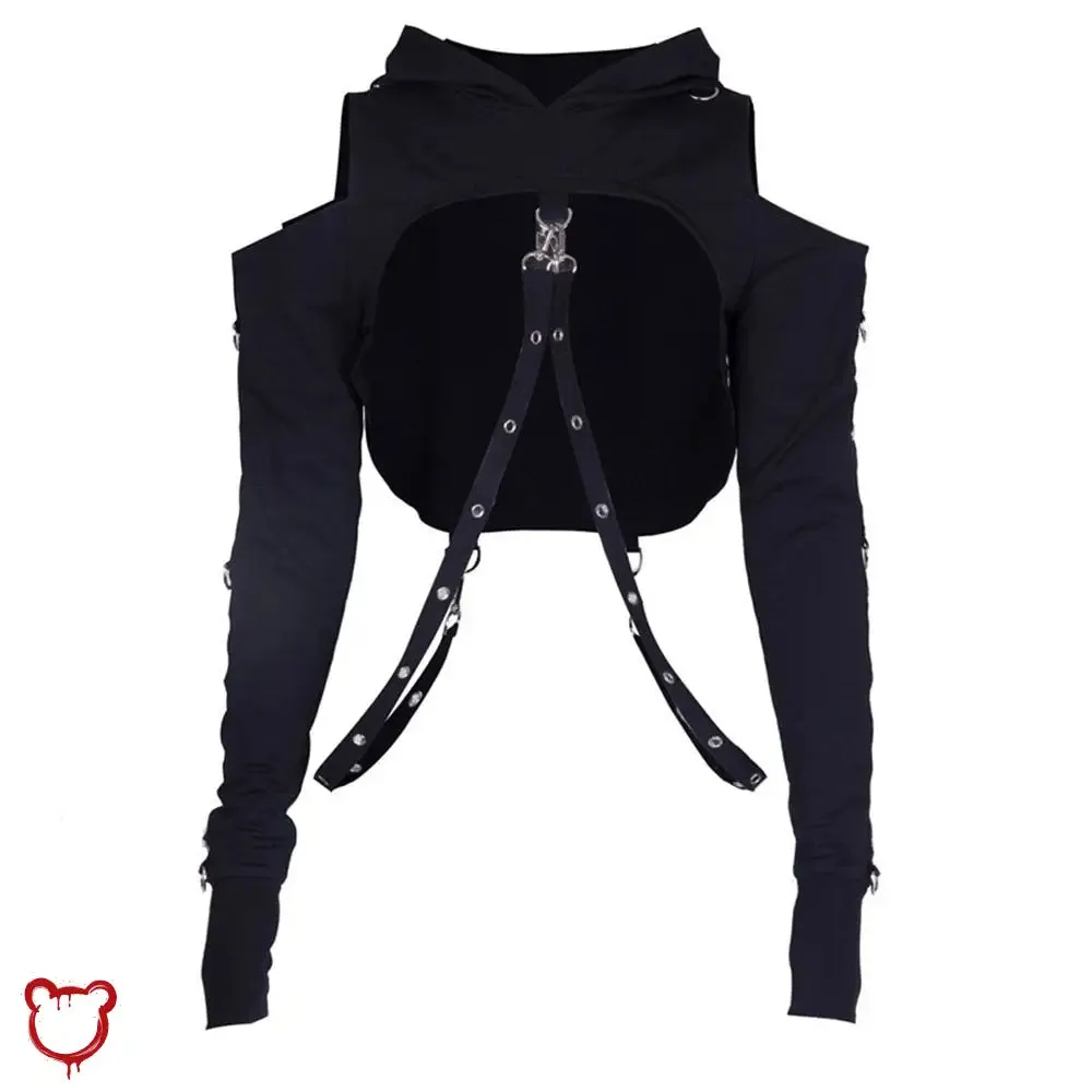 Black Strapped Hooded Top