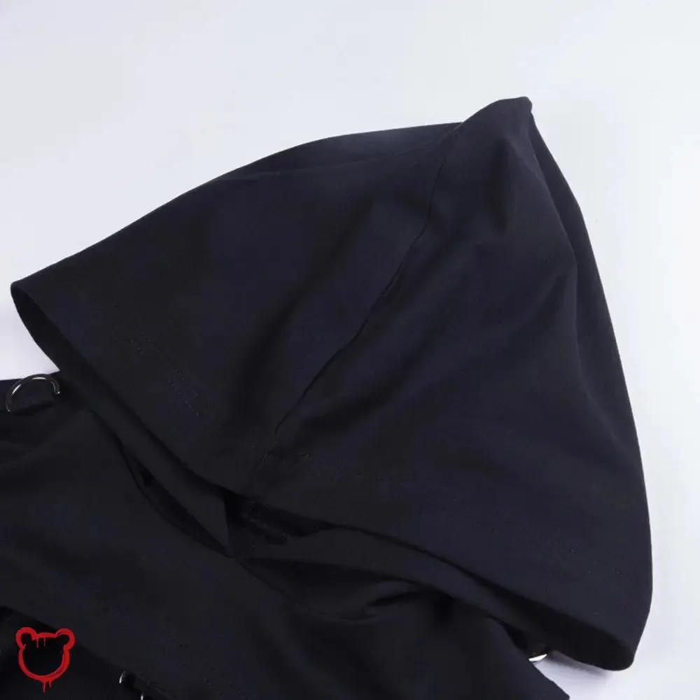 Black Strapped Hooded Top