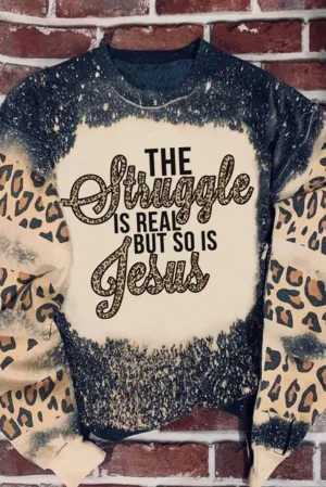 Black Struggle Jesus Leopard Bleached Print Sweatshirt