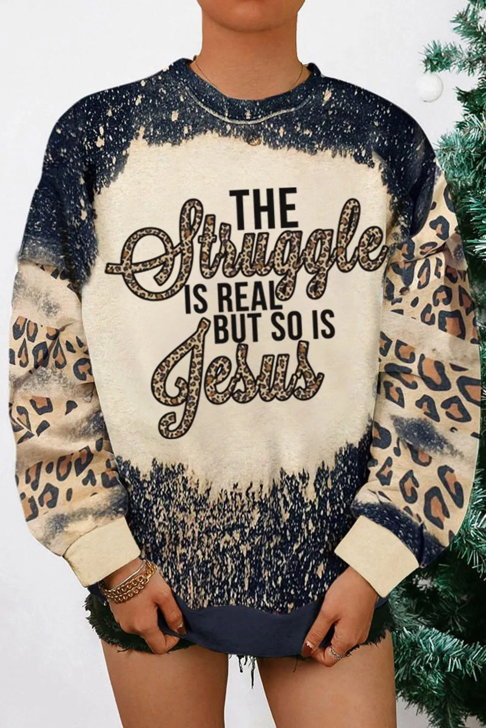 Black Struggle Jesus Leopard Bleached Print Sweatshirt