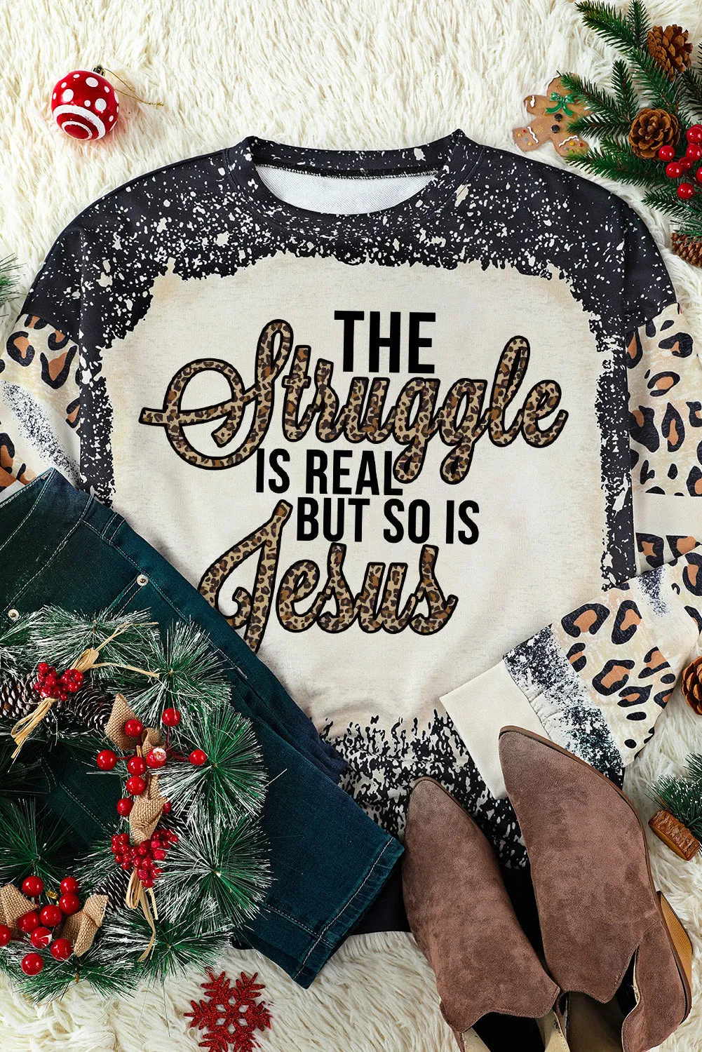 Black Struggle Jesus Leopard Bleached Print Sweatshirt