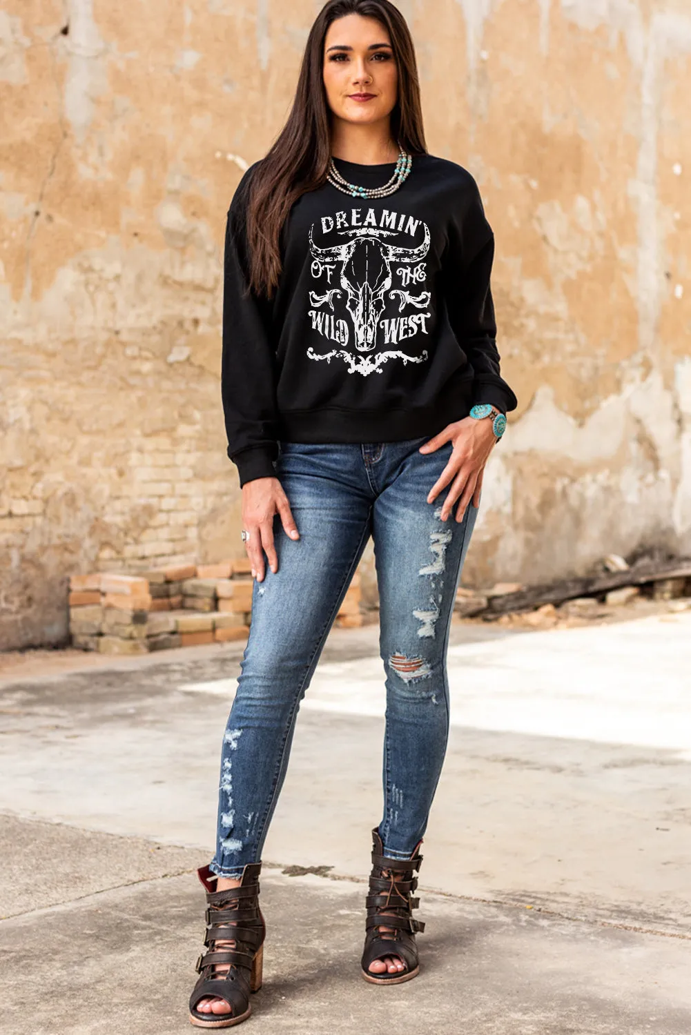 Black Western Steer Skull Letter Print Graphic Sweatshirt