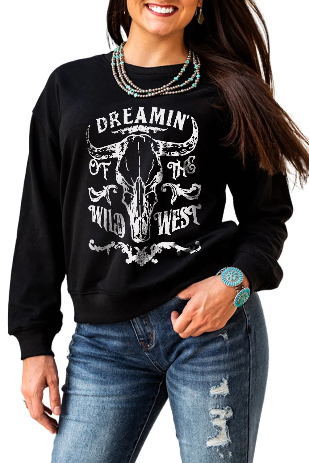 Black Western Steer Skull Letter Print Graphic Sweatshirt