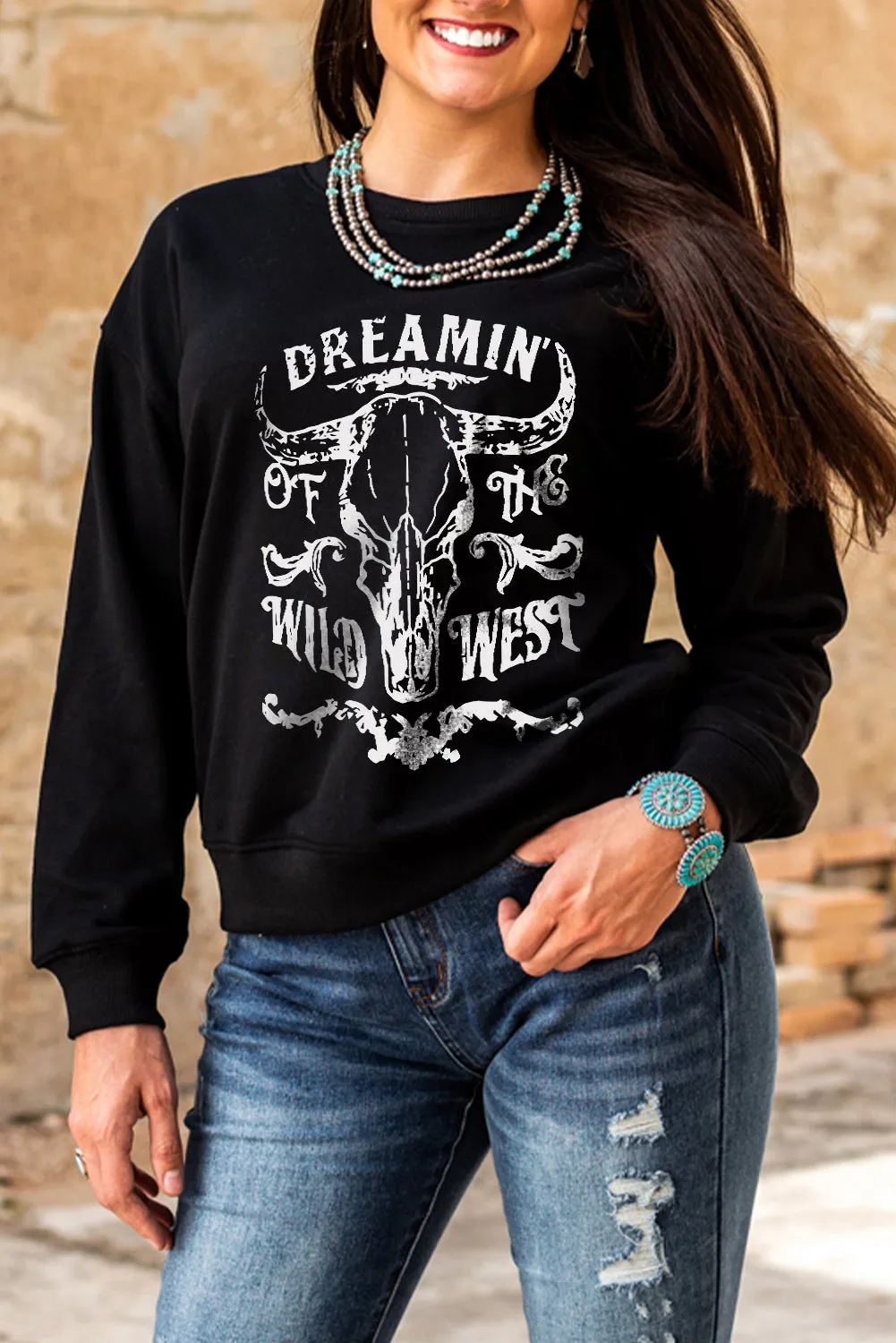 Black Western Steer Skull Letter Print Graphic Sweatshirt