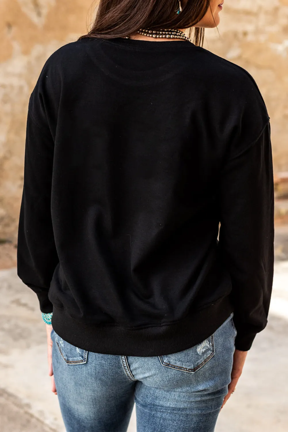 Black Western Steer Skull Letter Print Graphic Sweatshirt