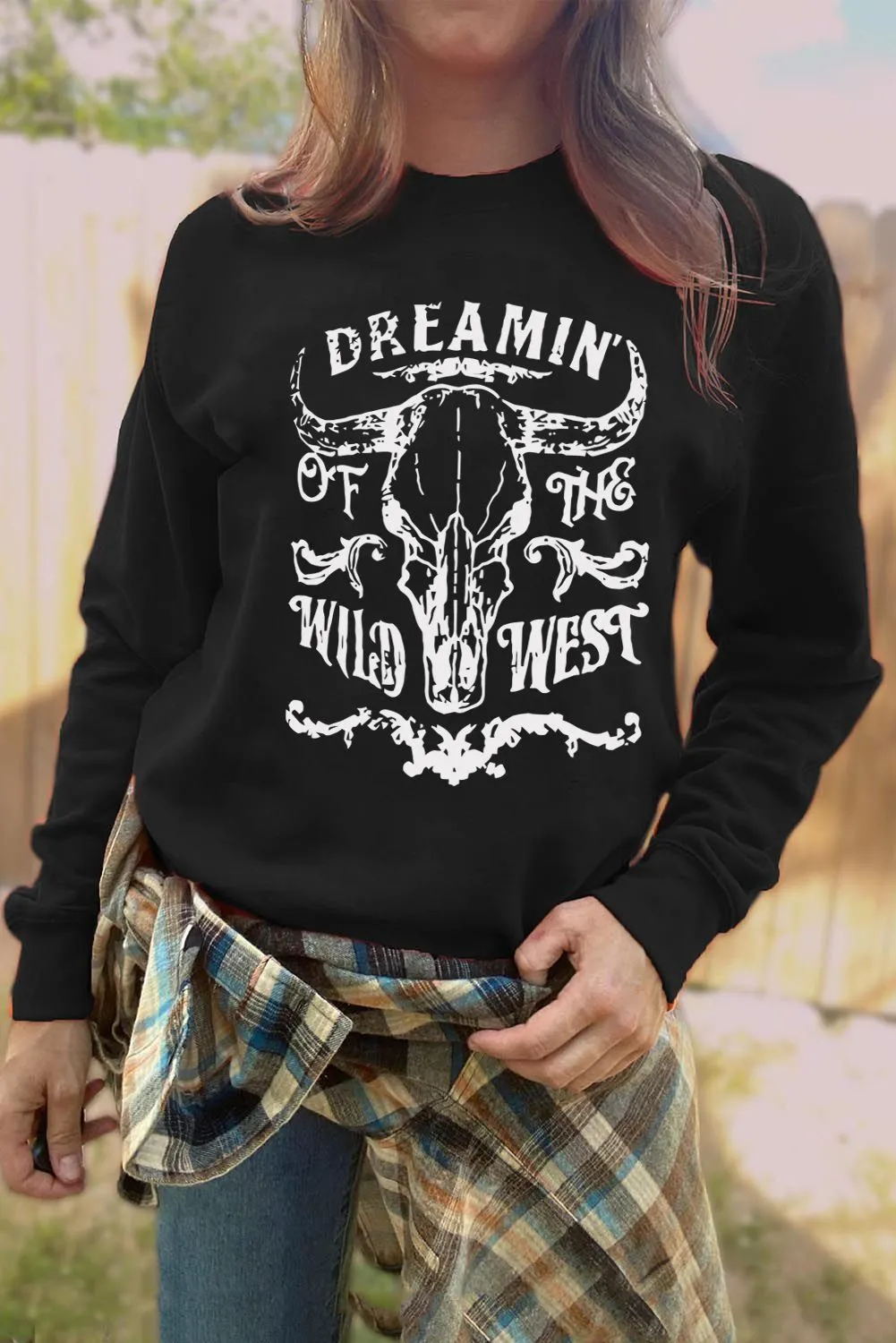 Black Western Steer Skull Letter Print Graphic Sweatshirt