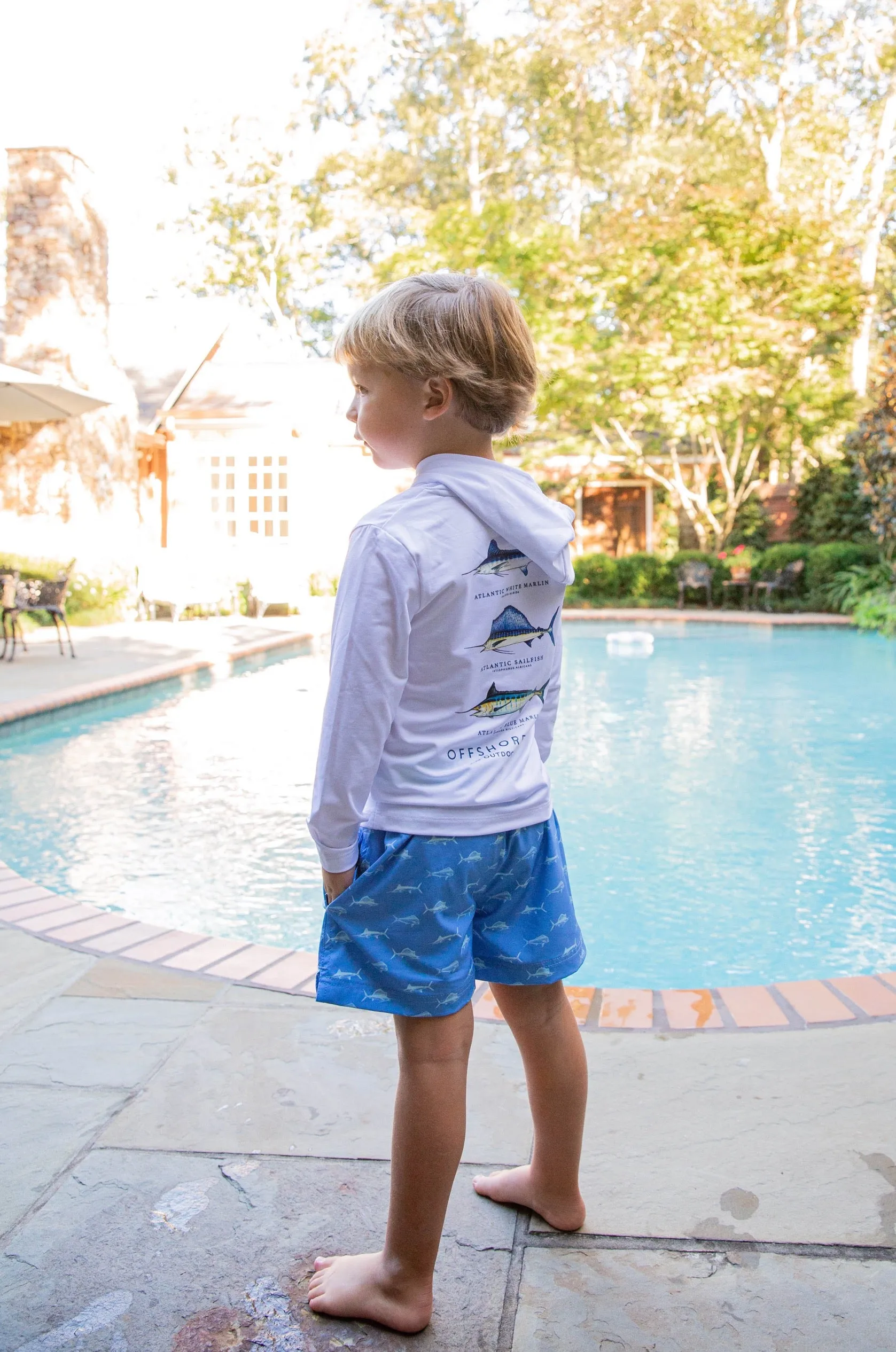 Boys Boogie Board Swim Trunk in Fish Print on Marina Blue