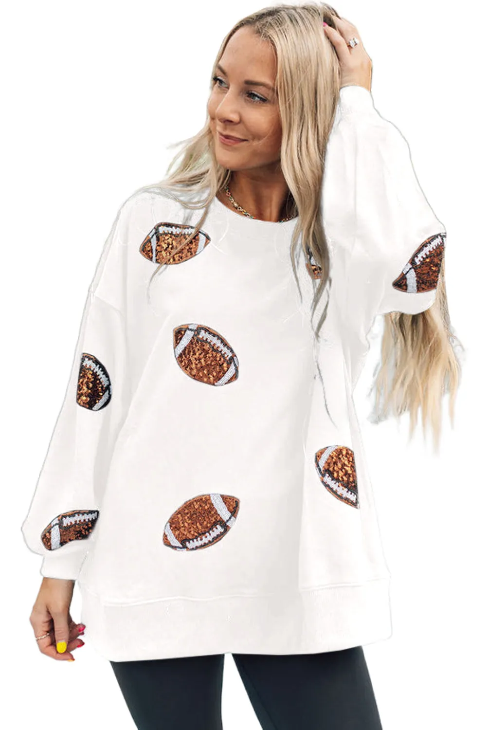 Bright White Sequin Rugby Graphic Pullover Sweatshirt