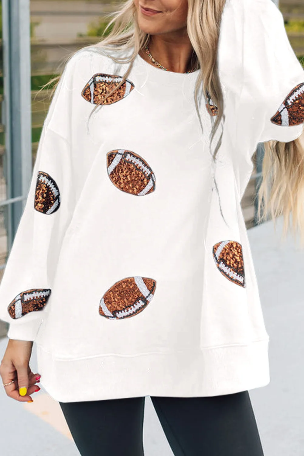 Bright White Sequin Rugby Graphic Pullover Sweatshirt