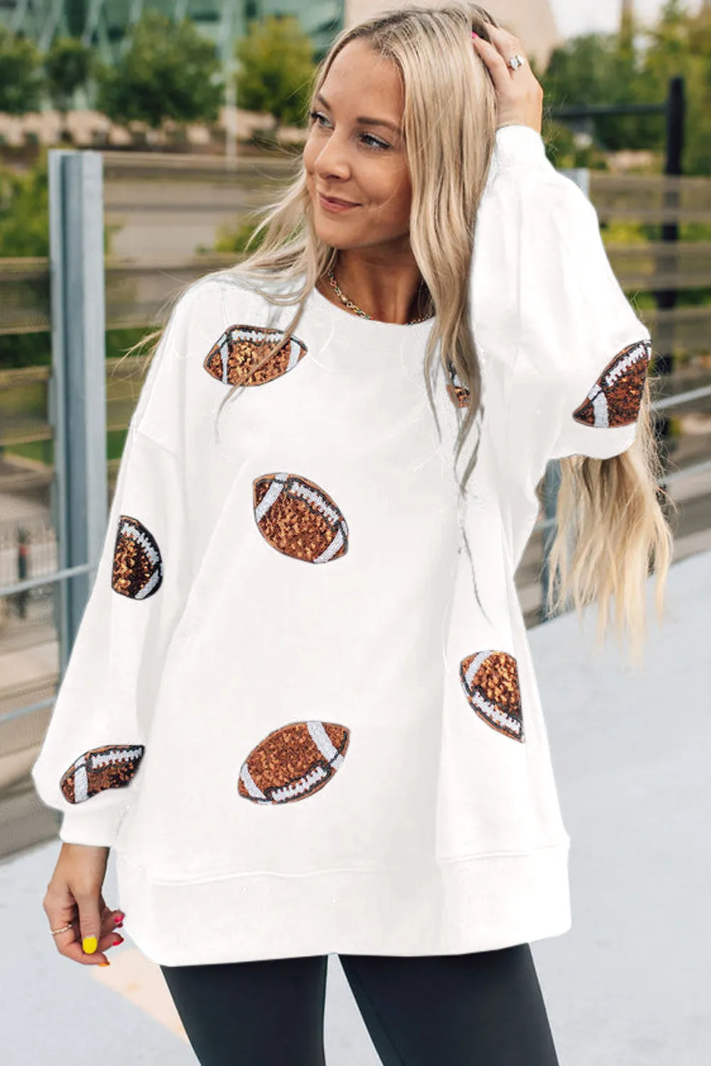 Bright White Sequin Rugby Graphic Pullover Sweatshirt