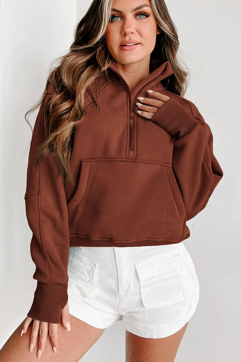 Brown Zip Up Stand Collar Ribbed Thumbhole Sleeve Sweatshirt