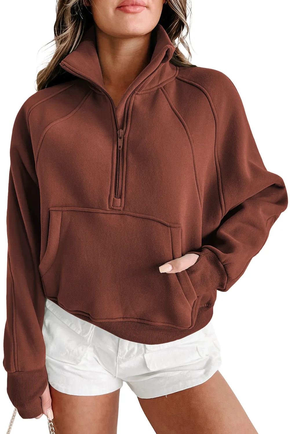 Brown Zip Up Stand Collar Ribbed Thumbhole Sleeve Sweatshirt