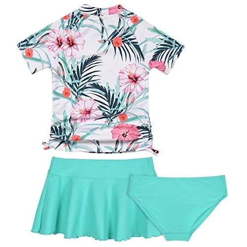 Cadocado 3 Piece Little Girl‚„s Swimsuit Set Rash Guard Short Sleeve Breathable Girls Swim Skirt Flounce Beachwear,Green Floral,7 Years