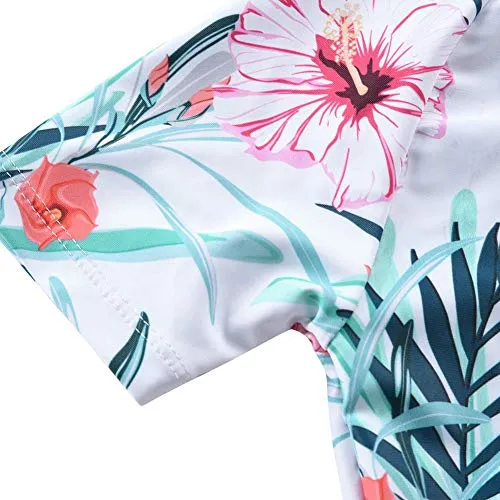 Cadocado 3 Piece Little Girl‚„s Swimsuit Set Rash Guard Short Sleeve Breathable Girls Swim Skirt Flounce Beachwear,Green Floral,7 Years