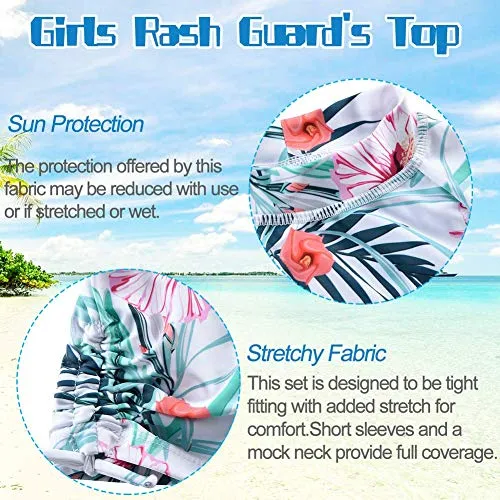 Cadocado 3 Piece Little Girl‚„s Swimsuit Set Rash Guard Short Sleeve Breathable Girls Swim Skirt Flounce Beachwear,Green Floral,7 Years