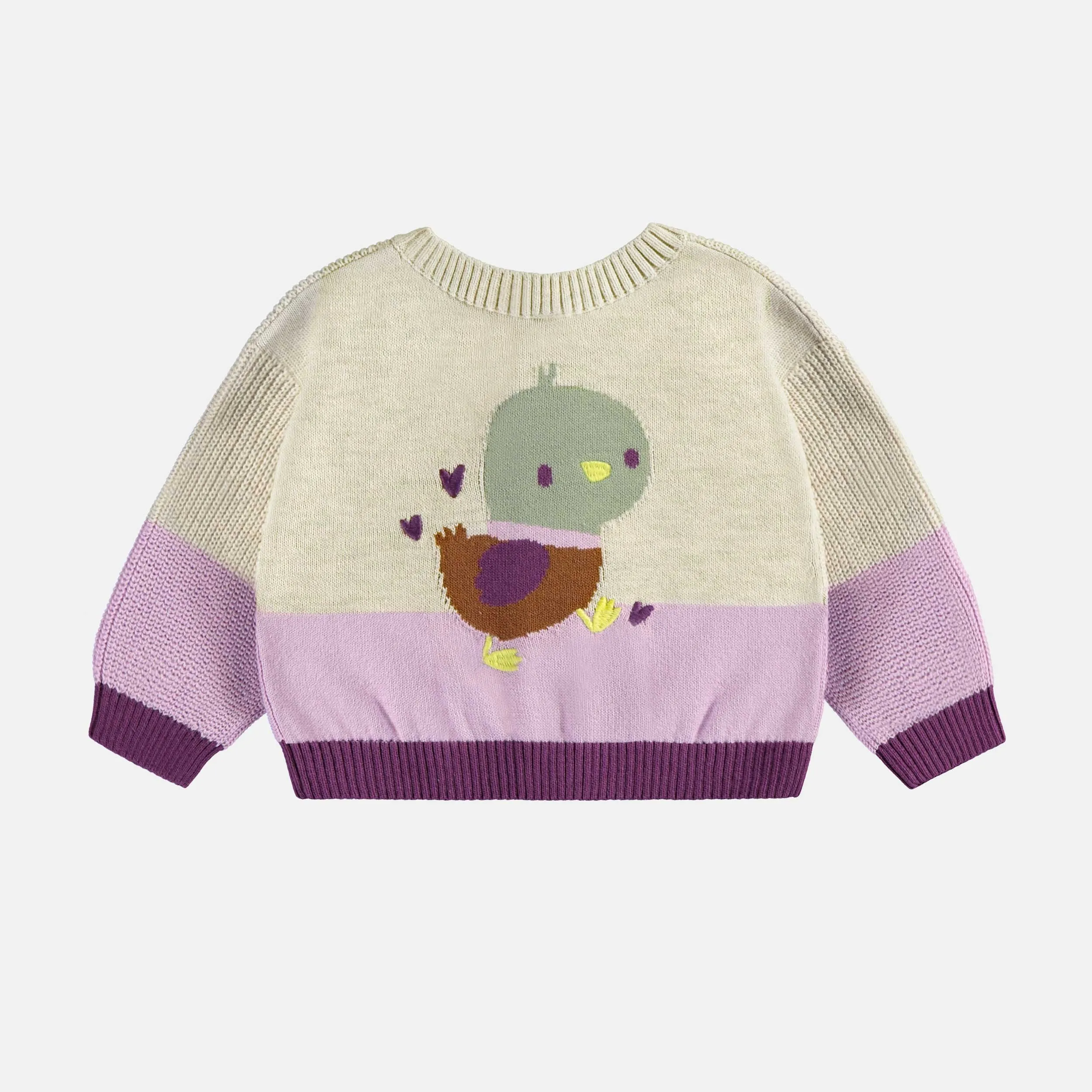 Cardigan en tricot crème et mauve avec illustration d’un canard, naissance || Cream and purple knit cardigan with duck illustration, newborn