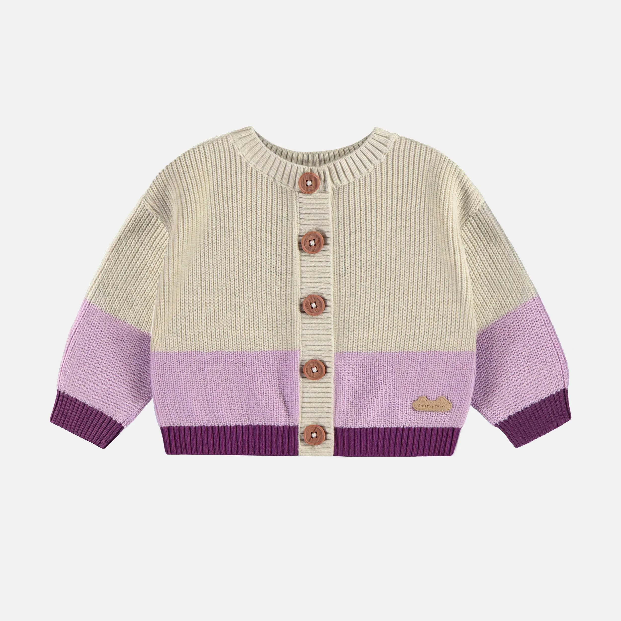 Cardigan en tricot crème et mauve avec illustration d’un canard, naissance || Cream and purple knit cardigan with duck illustration, newborn