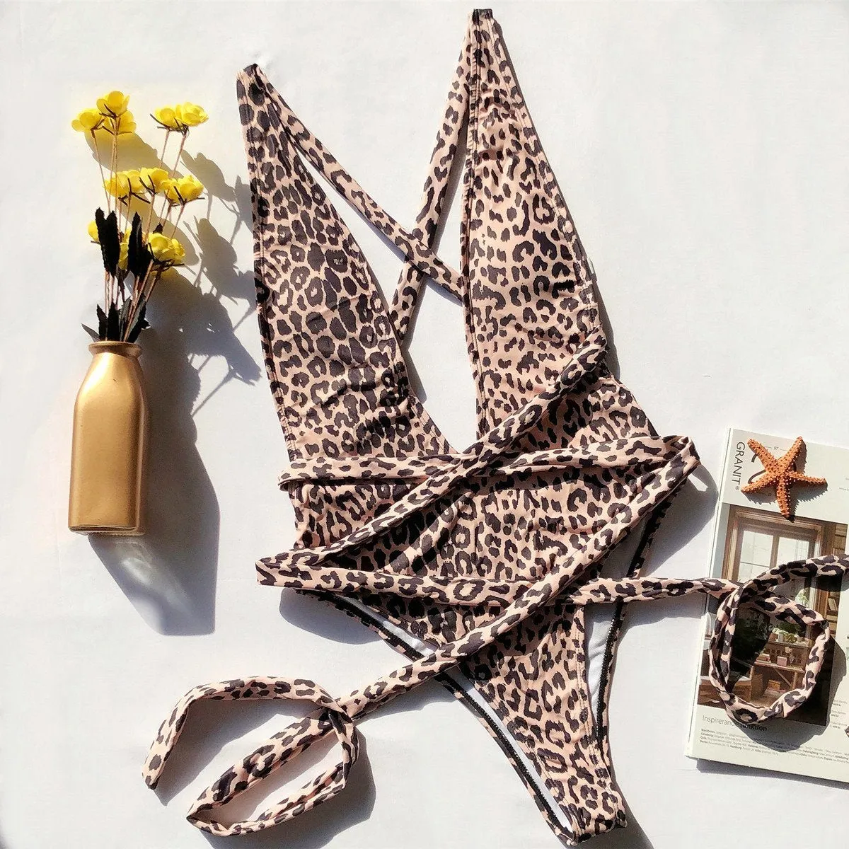 Chicindress One-piece Leopard Print Hollow Strap Swimsuit